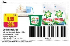 Mercator akcija kupon za -30 % popusta za detergente Ariel