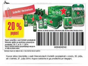 Mercator akcija – kupon 20 % popusta na Heineken