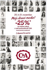 C&A akcija – 25 % na celoten nakup do 21. 11.