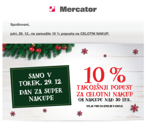 Mercator akcija 10 % popust 29. 12.