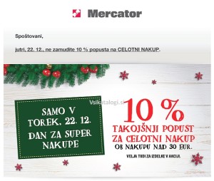 Mercator akcija 10 % popust na celoten nakup 22. 12.